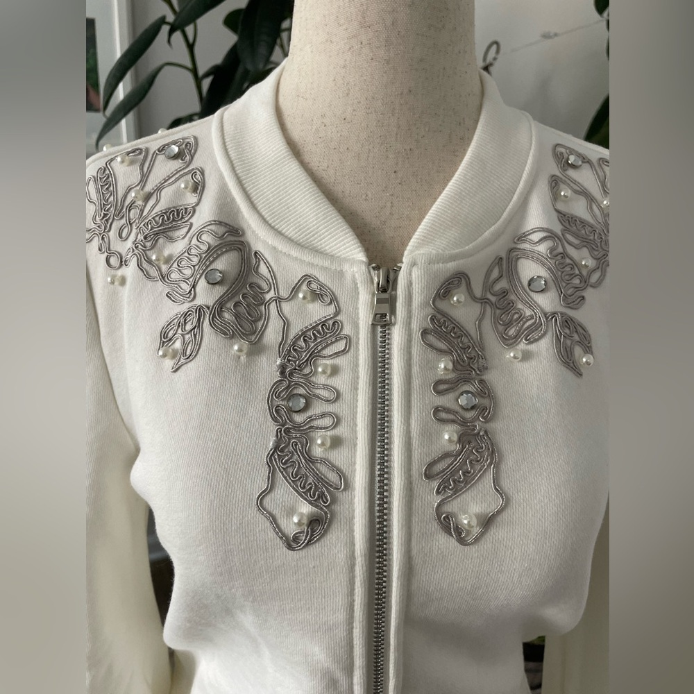 White Embroidered zip up sweater